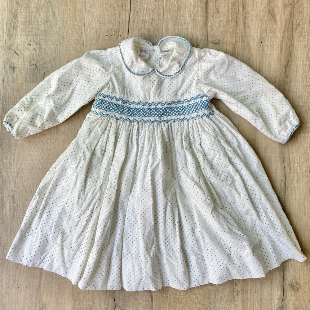 Sarah Louise Vintage White & Blue Polka Dot Dress w/ Peter Pan Collar Size 2yrs